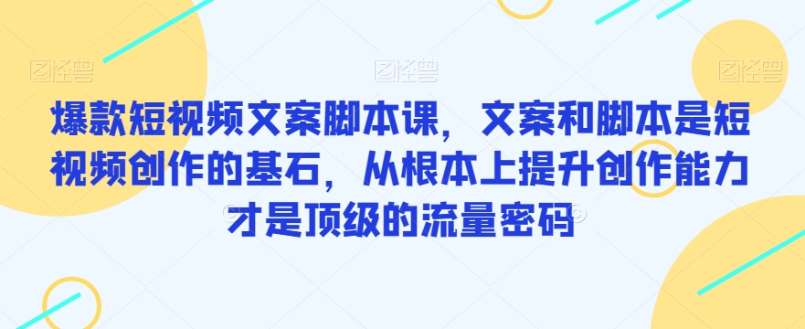 爆款短视频文案脚本课，文案和脚本是短视频创作的基石，从根本上提升创作能力才是顶级的流量密码-创业资源库