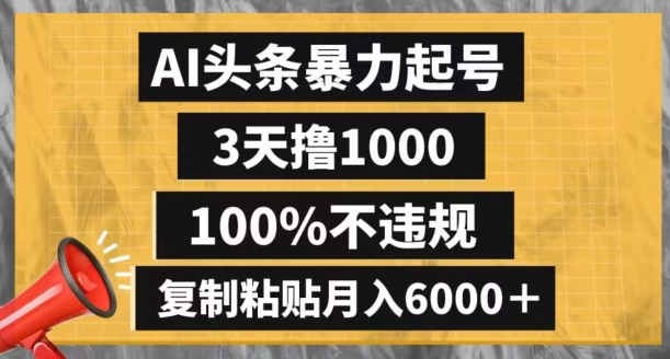 AI头条暴力起号，3天撸1000,100%不违规，复制粘贴月入6000＋【揭秘】-创业资源库