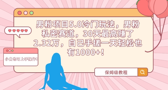 男粉项目5.0冷门玩法，男粉私密赛道，30天最高赚了2.32万，自己手搓一天轻松也有1000+【揭秘】-创业资源库