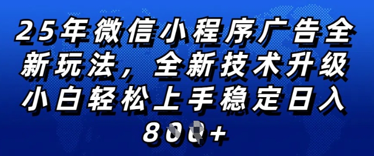 2025年微信小程序全新玩法纯小白易上手，稳定日入多张，技术全新升级，全网首发【揭秘】-创业资源库