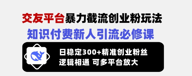 交友平台暴力截流创业粉玩法，知识付费新人引流必修课，日稳定300+精准创业粉丝，逻辑相通可多平台放大-创业资源库