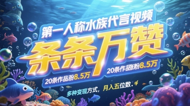 第一人称水族代言视频，条条万赞，20条作品涨粉7.8W，多种变现方式月入五位数-创业资源库