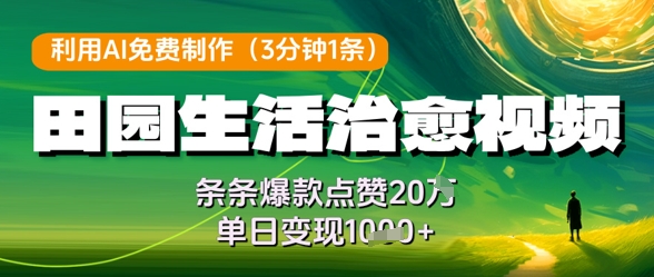利用AI免费制作田园生活治愈视频，条条爆款点赞20W，单日变现几张-创业资源库