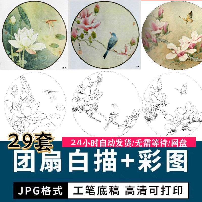 工笔花鸟白描国画团扇线描底稿彩图临摹参考电子版高清图片素材库-谦言资源库
