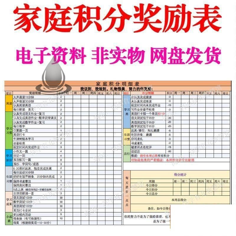B267家庭积分奖励儿童惩罚积分表小学生儿童自律表可打印电子模板-谦言资源库