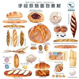 手绘水彩面包烘焙法棍甜甜圈甜点手账卡片PNG免扣图设计素材-谦言资源库